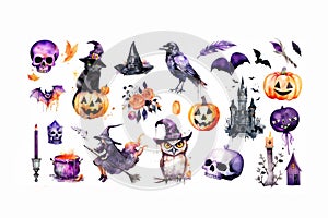 Halloween watercolor collection with black cat, witch, pumpkin, witch hat, owl, raven, skull, castle, witchcraft, potion