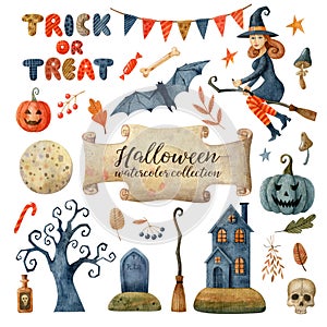 Halloween watercolor collection of clipart isolated on white background.