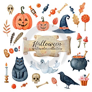 Halloween watercolor collection of clipart isolated on white background.
