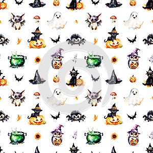 Halloween watercolor cute seamless pattern on transparent background. Background design with black cat, witch, ghost