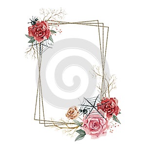 Halloween watercolor frame. Wedding invintation gotick bridal shower. Dried flowers. Halloween holiday illustration.