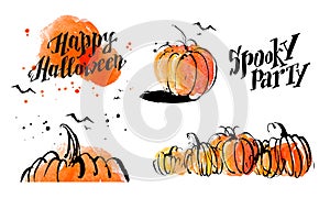 Halloween watercolor hand drawn artistic pumpkin and horror decoration elements on white background collection.
