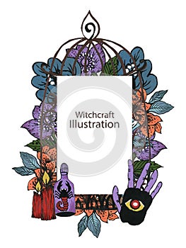 Halloween watercolor invitation card with flower, poison, owl, ghosts, monster  and witchcraft backgroundFor posters, backdrop,