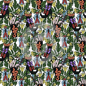 Halloween watercolor pattern with flower, boots, bottle insect, gypsy and ivy poison backgroundFor wrapping paper, cards, posters