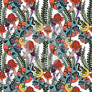 Halloween watercolor pattern with flower, monster  and witchcraft backgroundFor wrapping paper, cards, posters, banners