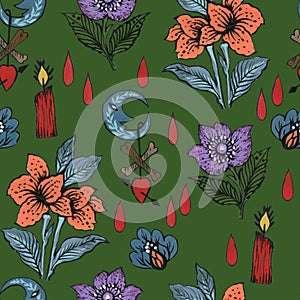 Halloween watercolor pattern with flower, poison, owl, ghosts, mosster  and witchcraft backgroundFor wrapping paper, cards,