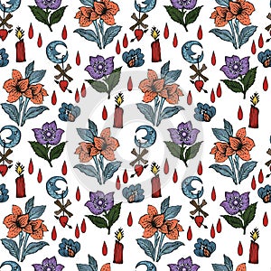 Halloween watercolor pattern with flower, poison, owl, ghosts, mosster  and witchcraft backgroundFor wrapping paper, cards,