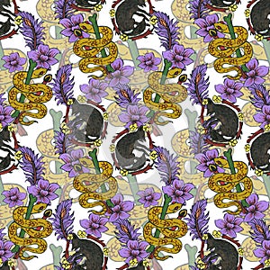 Halloween watercolor pattern with flower, poison, wolf, viper, monster  and witchcraft backgroundFor wrapping paper, cards,