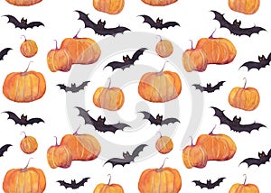 Halloween watercolor pattern with pumpkins, bats, funny ghosts and witch hut on white background. Autumn holidays