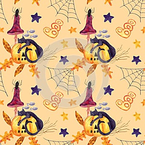 Halloween watercolor pattern with a sleeping cat on a pumpkin in the leaves and branches of trees, toadstool mushrooms
