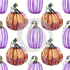 Halloween watercolor seamless pattern, autumn holiday, orange and violet pumpkins, hand drawing design, fall wrapping