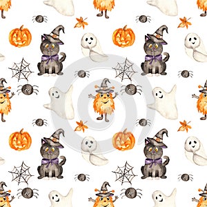 Halloween watercolor seamless pattern with black cat, spider, monster, pumpkin, hat on a white background