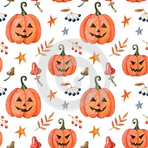 Halloween watercolor seamless pattern with pumpkins.