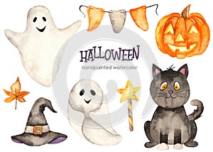 Halloween watercolor set with black cat, ghosts, pumpkin, hat