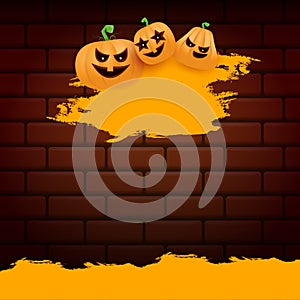 Halloween web orange grunge Banner or poster with Halloween scary pumpkins isolated on brick wall background . Funky