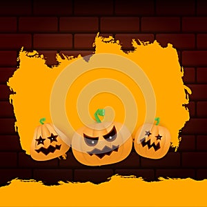 Halloween web orange grunge Banner or poster with Halloween scary pumpkins isolated on brick wall background . Funky