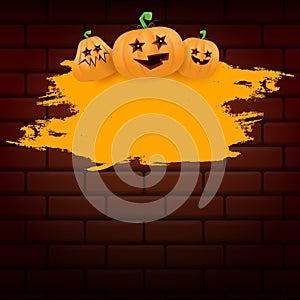 Halloween web orange grunge Banner or poster with Halloween scary pumpkins isolated on brick wall background . Funky