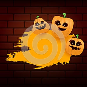 Halloween web orange grunge Banner or poster with Halloween scary pumpkins isolated on brick wall background . Funky