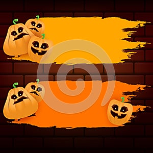 Halloween web orange grunge Banner or poster with Halloween scary pumpkins isolated on brick wall background . Funky