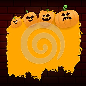 Halloween web orange grunge Banner or poster with Halloween scary pumpkins isolated on brick wall background . Funky