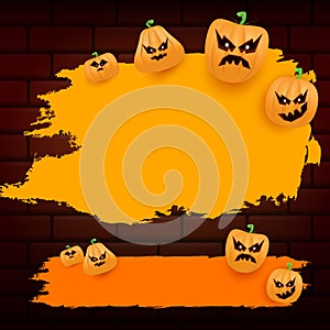 Halloween web orange grunge Banner or poster with Halloween scary pumpkins isolated on brick wall background . Funky