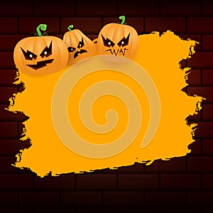 Halloween web orange grunge Banner or poster with Halloween scary pumpkins isolated on brick wall background . Funky