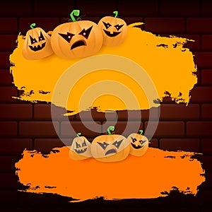 Halloween web orange grunge Banner or poster with Halloween scary pumpkins isolated on brick wall background . Funky