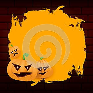 Halloween web orange grunge Banner or poster with Halloween scary pumpkins isolated on brick wall background . Funky