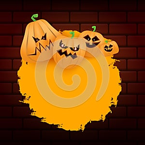 Halloween web orange grunge Banner or poster with Halloween scary pumpkins isolated on brick wall background . Funky