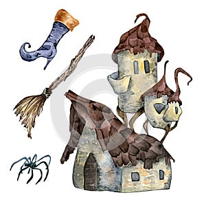 Halloween whimsical house watercolor illustration isolated on white.