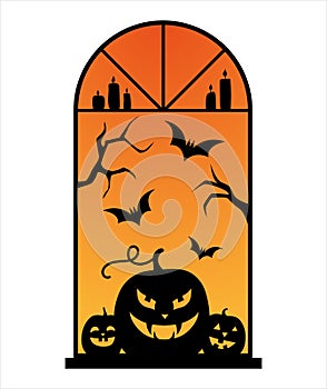 Halloween window. Pumpkin with scary smile (Jack o\' lanterns).