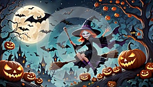 Halloween witch bat flying broom night darkness moon
