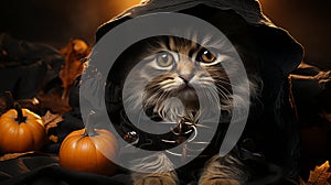 halloween witch black cat with pumpkin. generative ai