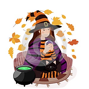 Halloween witch with boiling cauldron. Vector illustration.