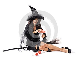 Halloween witch with broom fly agarics