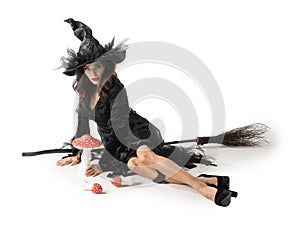 Halloween witch with broom fly agarics