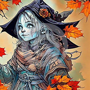 Halloween Witch with a carved magic lights. Young woman in witches hat and costume. Wide Halloween party art.