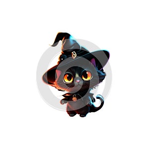 Halloween witch cat in black hat and bow tie. Vector illustration.