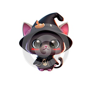 Halloween witch cat in black hat and bow tie. Vector illustration.