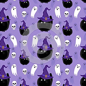 Halloween witch cat and ghost seamless pattern on purple background. halloween pattern background.