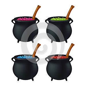Halloween Witch cauldron with colorful potion, bubbling witches brew. Realistic Vector illustration isolated on white background.