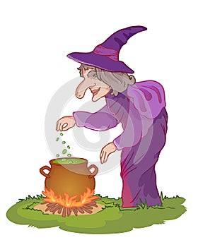 Halloween witch with cauldron. Vector character