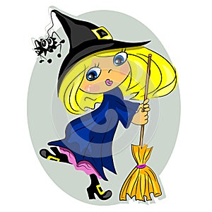 Halloween witch dancing with broom. black hat with