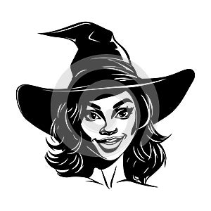 Halloween witch face. Black woman in witch hat.