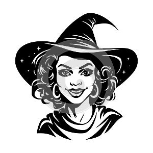 Halloween witch face. Black woman in witch hat.