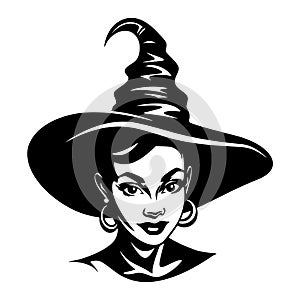 Halloween witch face. Woman in witch hat.