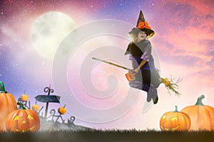 Halloween witch flying broom. Huge moon and bat