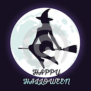 Halloween witch flying on broomstick and fool moon.