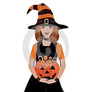 Halloween Witch girl portrait. Vector illustration.