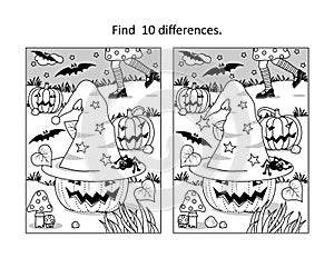 Halloween witch hat find the differences picture puzzle and coloring page